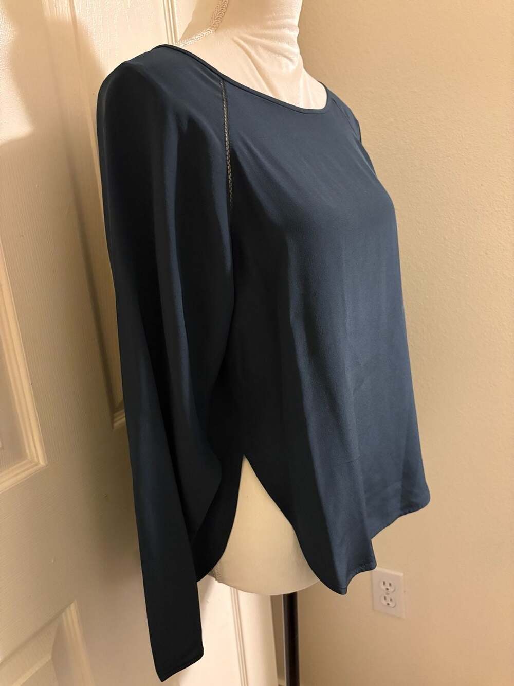 Vince 100% Silk Dark Green Long Sleeve Blouse with Side Vent Detail